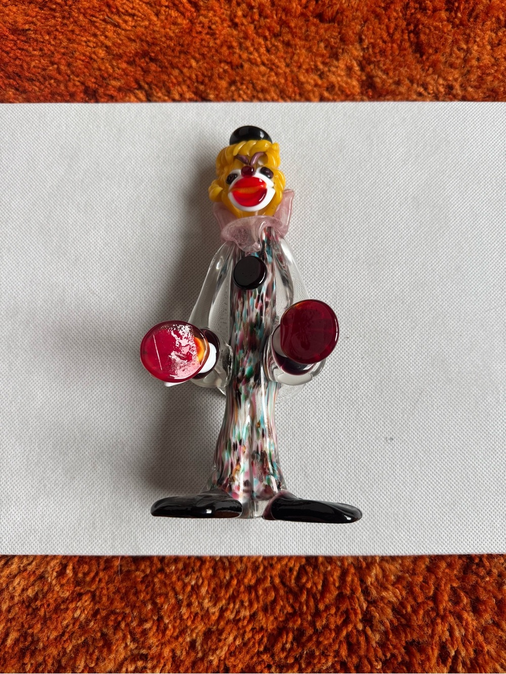 Murano Multicolor Glass Clown Figurine with Yellow Head and Red Accents